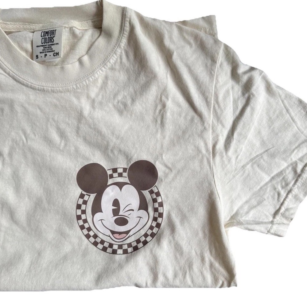 Comfort Colors Mickey & Co Graphic T-Shirt Womens‎ S Ivory Disney Checkered Back